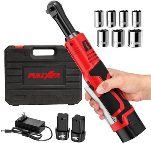 FULLYEA Electric Ratchet Wrench Set, 550 RPM Cordless Ratchet Wrench, 3/8 18V Power Ratchet Tools with Variable Speed, LED Light, 7 Sockets, 2 Packs 2.0Ah Lithium-Ion Battery and Fast Charger