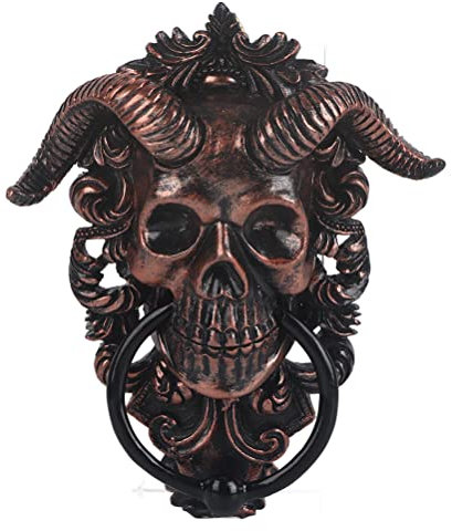 Gehörnter Gott-Skelett-Türklopfer, Geheimnisvolle Dämonenskulptur mit Hörnern für den Hauseingang, Hängetafel aus Kunstharz, Personalisiertes Gothic-Wandkunst- (Fotofarbe)