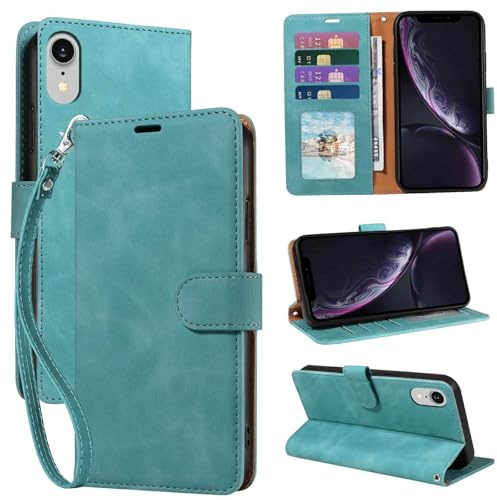 GOTOURED Green Wallet Phone Case for iPhone XR, RFID Blocking Card Holder | 4 Card Slots, Wrist Strap, Soft PU Leather Flip Cover, Kickstand, Cash Pocket, Magnetic Closure, TPU Shell Protective