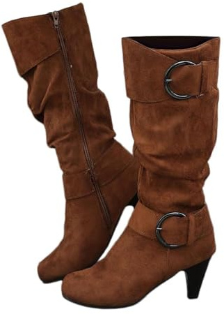 Agiyenna Bottes D'Hiver Décontractées à Fermeture Éclair Latérale pour Femmes Couleur Unie Talons Hauts Semelle Épaisse Bottes à Boucle Bottes Longues à Talons Épais Bottes D'Extérieur