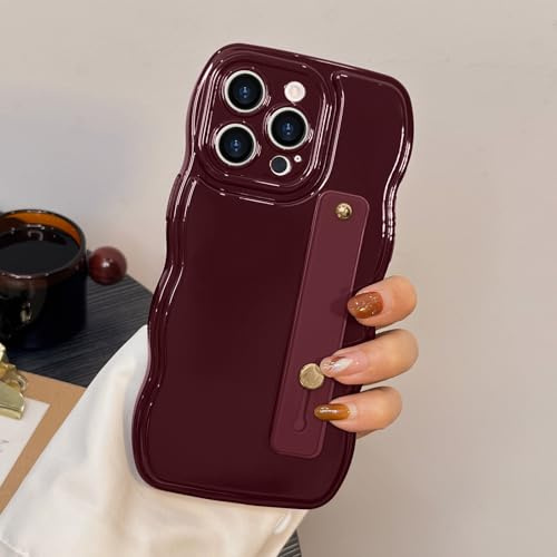 LAPOPNUT for iPhone 15 Pro Case, Wavy Frame Soft Silicone, Wine Red | Adjustable Strap Kickstand Finger Holder,Curly Aesthetic Girly Design, Cute Phone Cover for Women Girls, Camera Protection