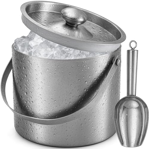 Ishink (3 liter) rostfritt stål dubbelvägg isolerad ishink med lock och skopa, ishinkar för fester, handtag, håller is kall i timmar, bra för vin, champagne, cocktail, öl (silver)