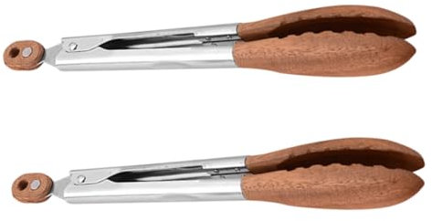 TOPBATHY 2pcs Metal Tongs Natural Wood Handles for Bread Bacon and Muffins for Kitchen Serving and Barbecue Grilling