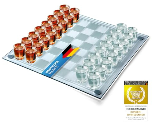 GOODS+GADGETS® Shot Schach Trinkspiel - 32 Shotgläser, Glasbrett | Schach Shotgläser auf 30x30 cm Glasbrett - lustiges Saufspiel & Partyspiel für Erwachsene