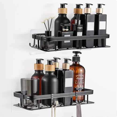HXUING 2 Pezzi Mensola Doccia Senza Foratura, Mensola da Bagno per Doccia Nero Portaoggetti Doccia Porta Bagnoschiuma Shampoo da Doccia con 4 Ganci, per Bagno, Cucina