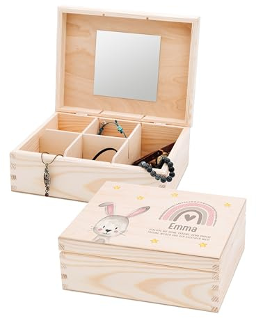 wunderwunsch Schmuckkästchen, Schmuckschatulle, Schmuckbox Mädchen, Geschenk Girls, Schmuckdose, individuell personalisiert als niedliche und individuelle Geschenkidee (Spruch Hase)