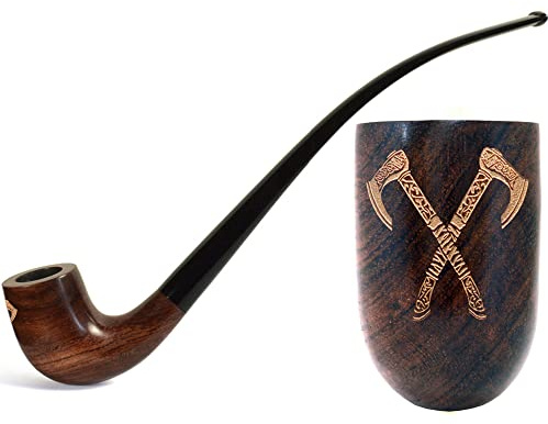 26 cm lång Churchwarden-rökpipa i päronträ med “Vikingarnas Valhalla”-gravyr | 9 mm filter | Sammetspåse ingår | Endast för tobaksanvändning