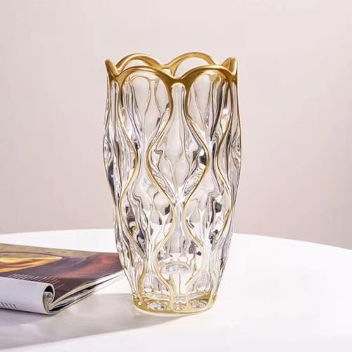 Kristallglas-Blumenvase, mundgeblasen, kreative klare Glasvase für Tafelaufsätze, Hochzeit, Party, Heimdekoration, Pflanzgefäß, 24,1 cm hoch, breite Öffnung, Goldrand