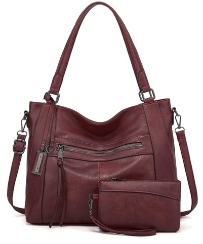 BAIGIO 2-teilige Handtasche Damen Umhängetasche Mittelgroß Shopper Tasche PU Leder Crossbody Tote Bag Set Schultertasche Damentaschen Henkeltasche Tragetasche mit Geldbörse Reißverschluss, Weinrot