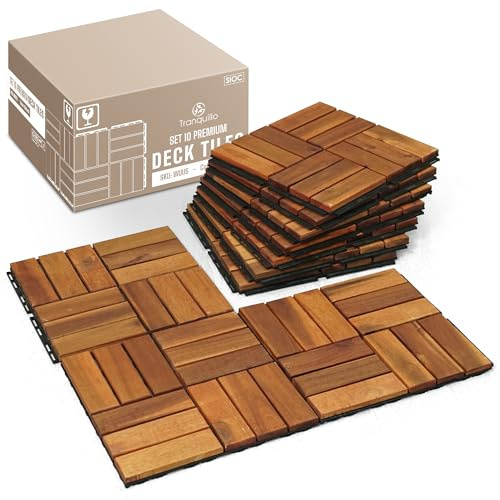 Tranquillo Lot de 10 dalles de terrasse emboîtables faciles à clipser, 30,5 x 30,5 cm, carrelage de terrasse en bois d'acacia, revêtement de sol extérieur résistant aux intempéries pour terrasse