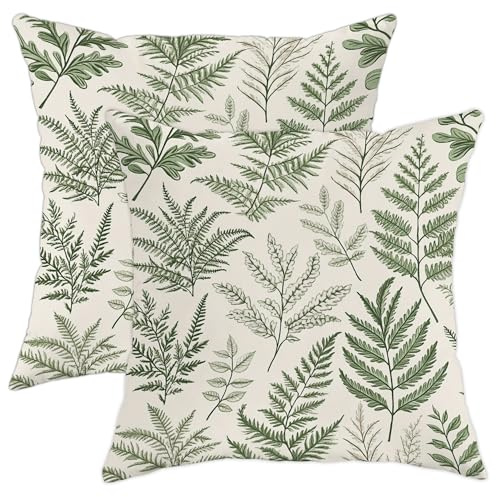 Green Fern Throw Pillow Covers Set of 2, Botanical Leaf Print Decorative Cushion Cases, Spring Home Decor for Couch Sofa and Bed 20x20 Inch