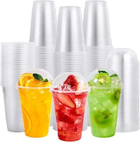 ECONX 100 X Smoothie Cups with Dome Lids 8oz Strong Clear Plastic Cups Reusable for Smoothies, Juice, Milkshakes, Iced Coffee, Slusly, Bubble Tea, Thick Drinks Perfect for Takeaway Restaurants