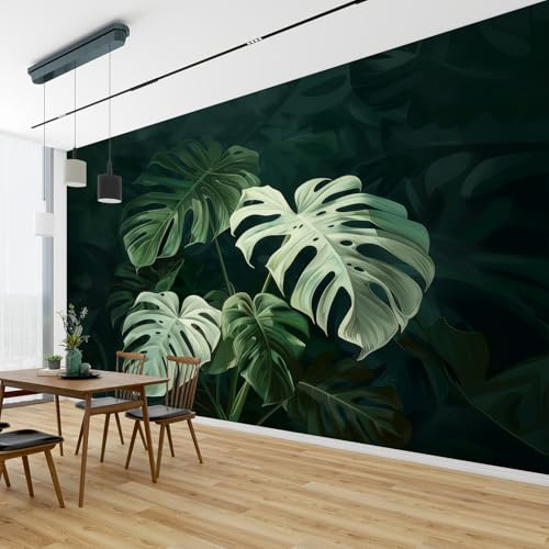 QEODAH 3D Tapete Monstera Schlafzimmer, Fototapete Tropische Blätter, Vliestapete Smaragdgrün, Tapeten Wohnzimmer Muster, Dschungel Wand Deko Kinderzimmer, Wandtapete, Mustertapete 350x256 cm