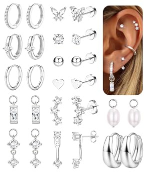 Chriscoco Ohrringe Silber Set Ohrringe Chirurgenstahl Damen Medizinische Ohrstecker Hypoallergene Creolen mit Anhänger Tragus Helix Piercings Piercing Ohr Gold/Silber