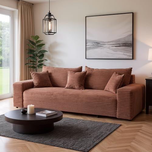 SOFILAND Cordo Schlafsofa 265×150 cm mit Bettkasten – Cord Sofa TILIA Breitcord, SoftTouch Komfort, 3-Sitzer Couch, abnehmbare Kissen, Easy Clean & Pet Friendly (Ziegelstein)