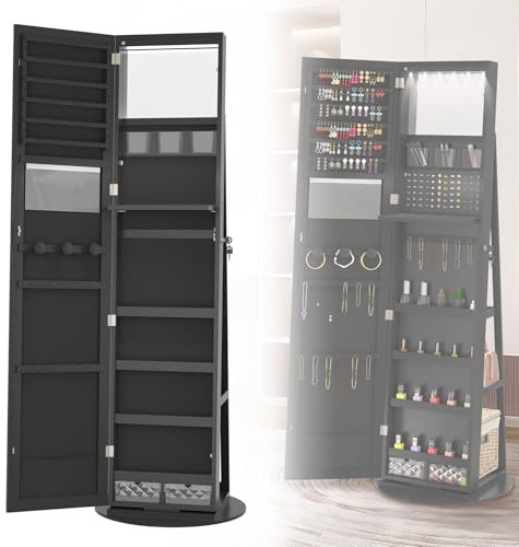 ACXIN Drehbarer Schmuckschrank mit LED Beleuchtung Make Up Organizer Standspiegel Ganzkörperspiegel Schmuckaufbewahrung Schrank für Ohrringe Halsketten Armbänder, Schwarz