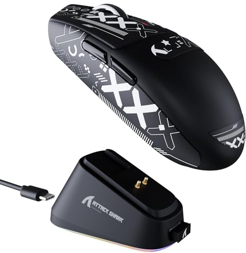 ATTACK SHARK G3PRO Kabellose Gaming-Maus mit Magnetischer Ladestation, PixArt PAW3311-Sensor, Bis zu 25000DPI, BT/2,4 GHz/Kabelgebunden, 59g Superleichte Mäuse für PC/Xbox/PS/Mac–Schwarz & Tape