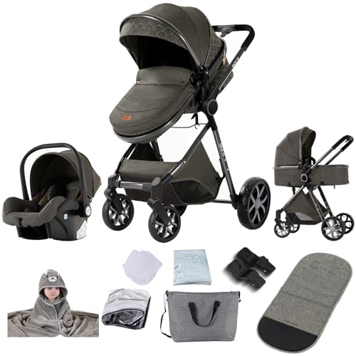 Reenborn Kinderwagen 3 in 1, Buggy mit Ein-Klick-Faltdesign, Kinderwagen mit Zwei Umkehrbaren Schiebemodi, Kombikinderwagen 3 in 1 Komplettset mit Rahmen Aluminiumlegierung (YV9 Deep Grey)