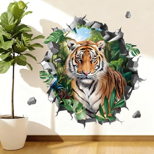 wondever Adesivi Murali Safari Tigre 3D Adesivi Parete Animali Giungla | Sticker da Muro Autoadesivo, Stacca e Attacca, Rimovibile, Decorazioni per Asilo Nido Camerette Bambini Camera da Letto