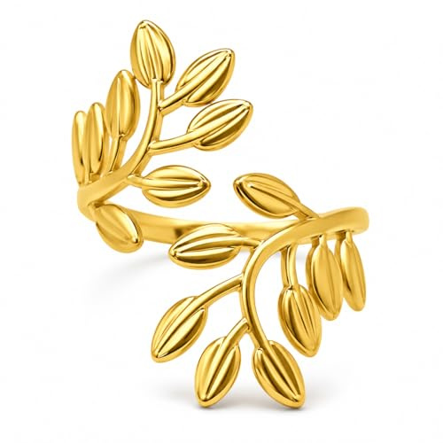 Lunarié Olive Twist Adjustable Ring 18ct (18k) Gold Plated Stainless Steel, Tarnish Resistant, Nature-Inspired Boho Jewellery for Woman - Premium Gift Box Included