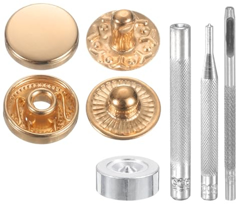 QUARKZMAN 24 Set Lederschließen Kit 10mm Durchmesser Messing Druckknopf 70mm Länge Metall Druckknöpfe Mit 4 Installationswerkzeugen für Mantel Tasche Leder Marine Boot Segeltuch (Gold)