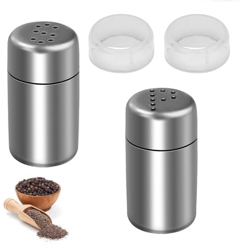 Funngy Mini Salzstreuer für Unterwegs,2 PCS Edelstahl Salz und Pfefferstreuer mit Deckel 5ml Klein Reise Salz und Pfefferstreuer Set Edelstahl Staubzuckerstreuer Ideal für Camping Reise und to Go