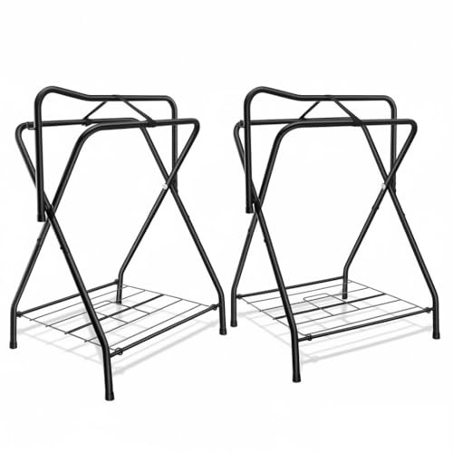 HDYEGY 2 Pack Folding Saddle Rack Heavy Duty Freestanding Horse Saddle Stand Detachable Saddle Rack Stand with Bottom Storage for English & Western Saddles