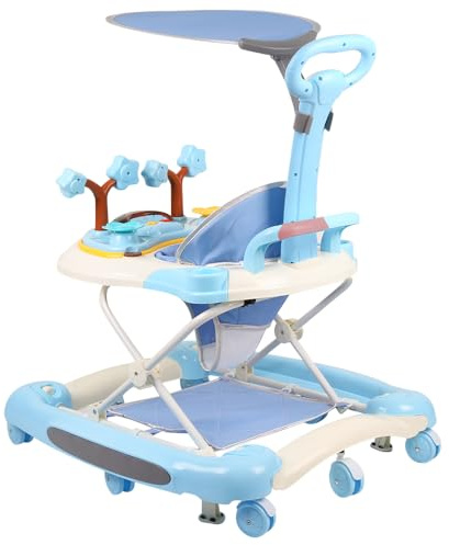 5-in-1 Lauflernhilfe für Babys, mit verstellbaren Höhen, Gehfrei Babywalker ab 6 Monate, bis zu 25 kg mit abnehmbarem Musik-Aktivitätstablett, 67 * 75 * 85cm– Himmelblau (A)