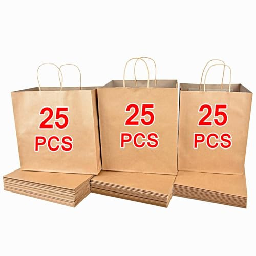 75 Stück Papiertüten mit Henkel,3 Größen Braune Kraftpapier Tüten | Papiertragetaschen als Geschenktüten, Partytüten und Einkaufstaschen für den täglichen Gebrauch 130 g/m²