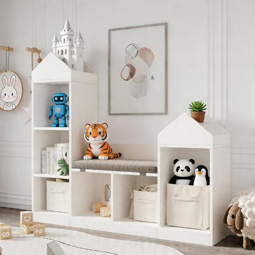 Koioplie Kinderregal Hausform mit Sitzbank, 6 Fächer Spielzeugregal, Weiß | Gepolstertes Sitzkissen, Kippschutz, Robustes MDF, Abnehmbarer Bezug, Viel Stauraum, Sicher, Pflegeleicht, Stabil, Modern