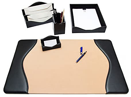 Schreibtischset 5-teilig – 100% vollnarbiges Leder – Von fachkundigen Handwerkern in Italien von Hand gearbeitet – Elegant und Funktional, ideal für das Büro - Schwarz