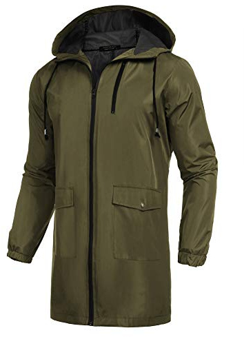 COOFANDY Men's Long Raincoat Ligtweight Rain Jacket Waterproof Outdoor Jackets with Hood, Olive Green, XXL