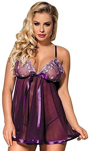 scicent Babydoll Womens Lingerie Lace Nightdress Soft Mesh Pyjama Sleepwear with Thong Nightwear for Women Purple 3X UK 16 18
