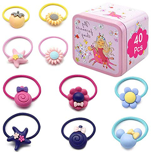 40 Stück Haargummis Mädchen, XCOZU Baby Haarklammer Kind Haargummi Bands Dünne Seile Kleinkind Pferdeschwanz Inhaber, Niedliche Karikatur Elastische Haarbänder Schnüre mit Rosa Blechdose