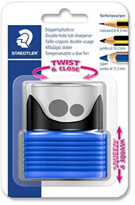 STAEDTLER Doppelspitzdose mit Faltbalg, zwei Spitzlöcher für unterschiedliche Stiftformate, Blisterkarte mit 1 Spitzer blau/schwarz, 513007BK-3