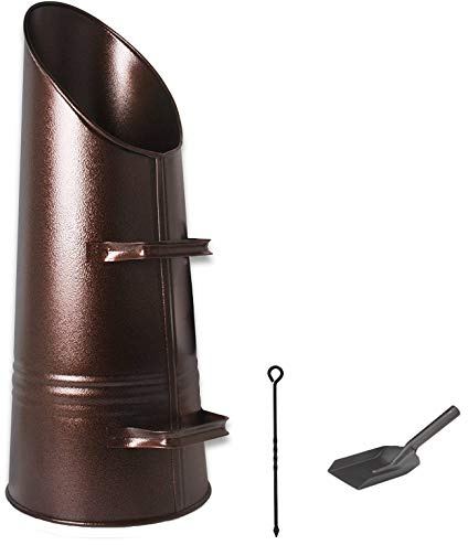 Srendi® Heavy Duty Anthracite 23 Coal Hod, Bucket Coal Scuttle Black Bronze Galvanised High Quality for Fireplace Fire Side Option with Shovel and Poker (Bronze/Oxy Coal Hod with Sovel and Poker)