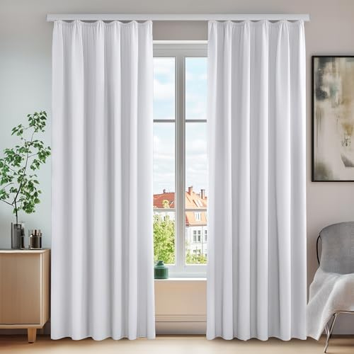 Deconovo Set med 2 mörkläggningsgardiner vit blek grå design modern sovrumsgardin flicka barn rynka gardin matsal 140 x 138 cm