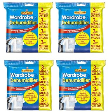 12x Hanging Wardrobe Dehumidifier, Condensation Remover, Moisture Absorber, Dehumidifiers for Damp, Mould, Moisture in Wardrobe, Bedroom, Caravan, Bathroom, Basement