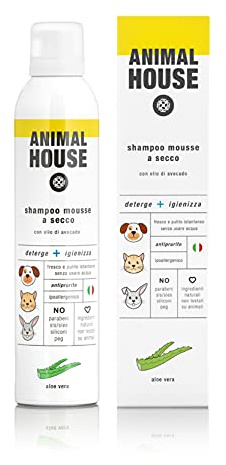 Animal House – Trockenshampoo-Mousse – hypoallergen – für alle Rassen geeignet – frei von chemischen Wirkstoffen – hergestellt in Italien – pflegend – natürlich – (Aloe Vera)