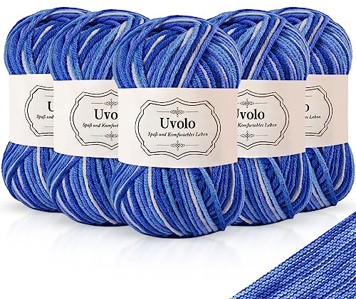 Uvolo Handstrickgarn Farbverlauf 250g(5x50g), Häkelgarn Bunt Regenbogen, Acrylgarn zum Stricken, Baumwolle, Mehrfarbiges Garn zum Stricken Häkeln und Bastel-35 Blau