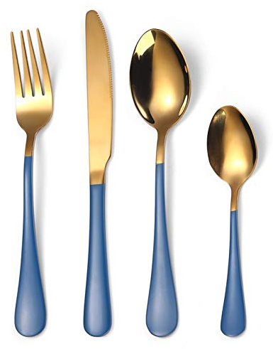 24 stücke Blau Gold Geschirr Set 18/10 Edelstahl Besteck Set Dinner Gabel Löffel Messer Geschirr Set Urlaub Holz Geschenkbox essgeschirr (Color : 24pcs)