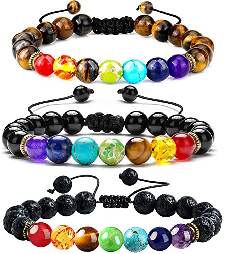 Aieraczy 3 Stück Chakra Armband Echte Steine, 7 Chakren Armband Damen, Edelstein Heilsteine und Yoga Armbänder Zubehör