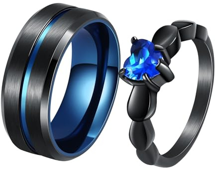 Wycian Anillo de corazón de piedra, alianzas de titanio bicolor, circonitas, anillo de compromiso, zafiro, alianzas azules y negras, 2 unidades, 6 mm/8 anillos de acero inoxidable, color negro, Damen