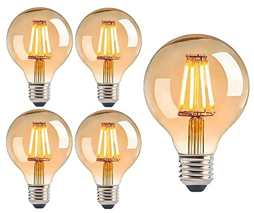 Trango 5er Pack E27005 LED E27 3-Stufen dimmbar warmweiß Gold farbig 2500 Kelvin 4 Watt 400 Lumen, G80 Ø8cm Filament Edison Glühbirne, Amber Vintage Glühbirne, Retro-Beleuchtung Globe Leuchtmittel