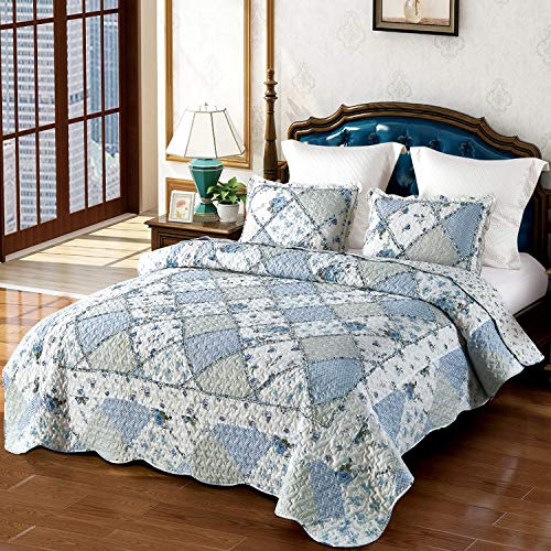 VIVILINEN Blue Floral Patchwork Quilt Set King Size Reversible Quilted Bedding Set with 2 Pillowcases