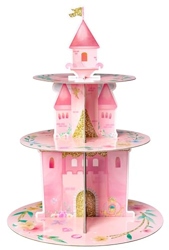 ANGOLIO Rosa Watercolor Cupcake Ständer - 3-stöckiger Princess Karton | Dessert Turm Halter Geburtstagsparty-Dekorationen Schloss Cake Topper für Mädchen Kinder Tischdekoration Babypartys Gunst
