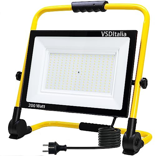 ELETTROWATT - Faro LED da lavoro 200W, 16000 lm, luce bianca 4000K - portatile, impermeabile, supporto pieghevole, per uso interno ed esterno, officina, giardino, cantiere, garage, imbianchino