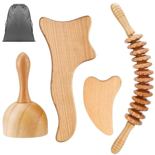 4 stycken Gua Sha-set, massagerulle i trä, gua sha, massageapparat för nacke, ben, ögon, rygg och kropp, smärtlindring och avkoppling, maderterapi trä
