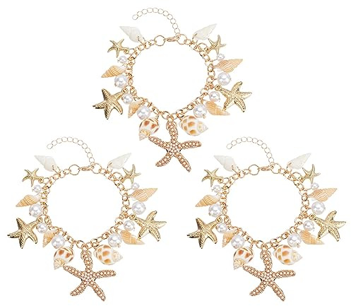 PH PandaHall 3 Stück Seestern Muschel Armbänder Meerjungfrau Schmuck Kostümzubehör Seestern Perlen Fußkettchen Charm Damen Böhmisches Verstellbares Muschel Armband Für Karneval Sommer Meer Strand