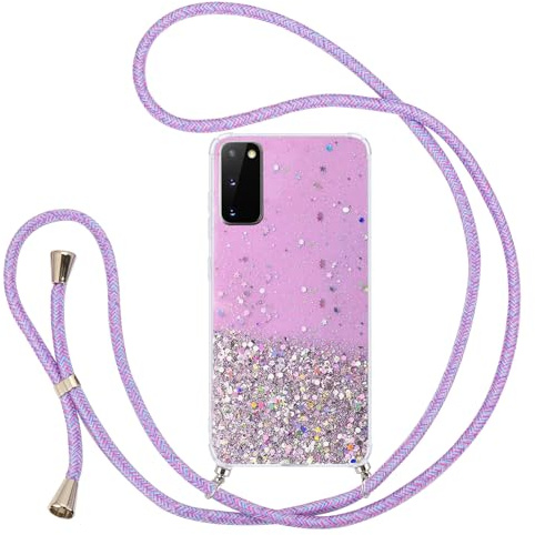 Pepmune Handyband Kompatibel mit Samsung Galaxy S20 FE Hülle mit Band Glitzer Transparent Case Silikon Schutzhülle mit Kordel zum Umhängen Mädchen Handyhülle für Samsung S20 FE 4G/5G Lila